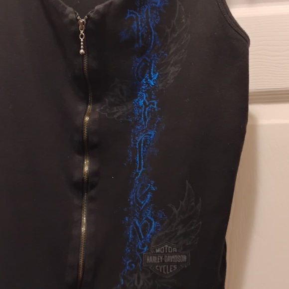 Harley-Davidson Black Zip-Up Vest Blue Decal Cotton Bike Week Shirt Size XL - Picture 2 of 7